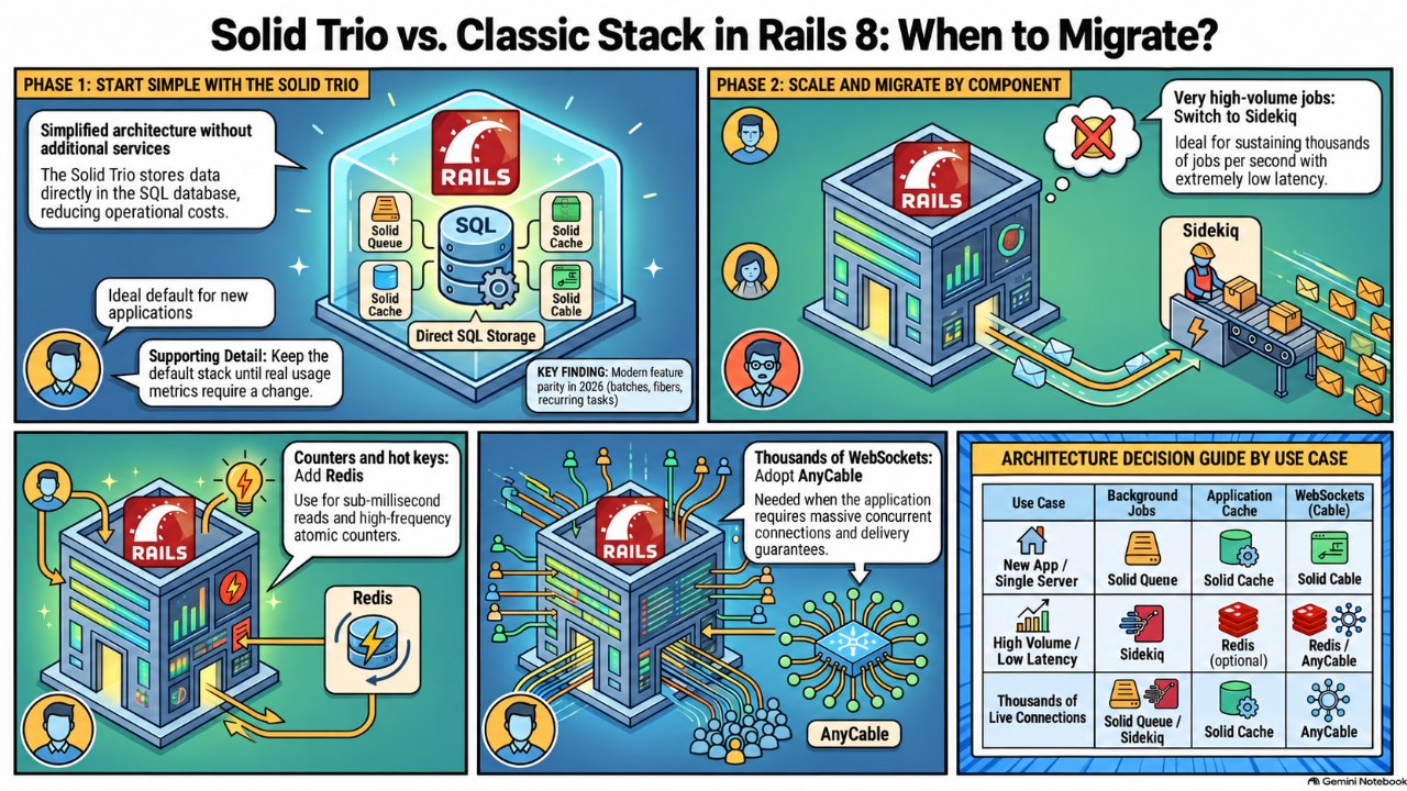 Rails Solid Trio or the Classic Stack? Solid Queue, Cache and Cable vs Sidekiq, Redis and AnyCable in 2026